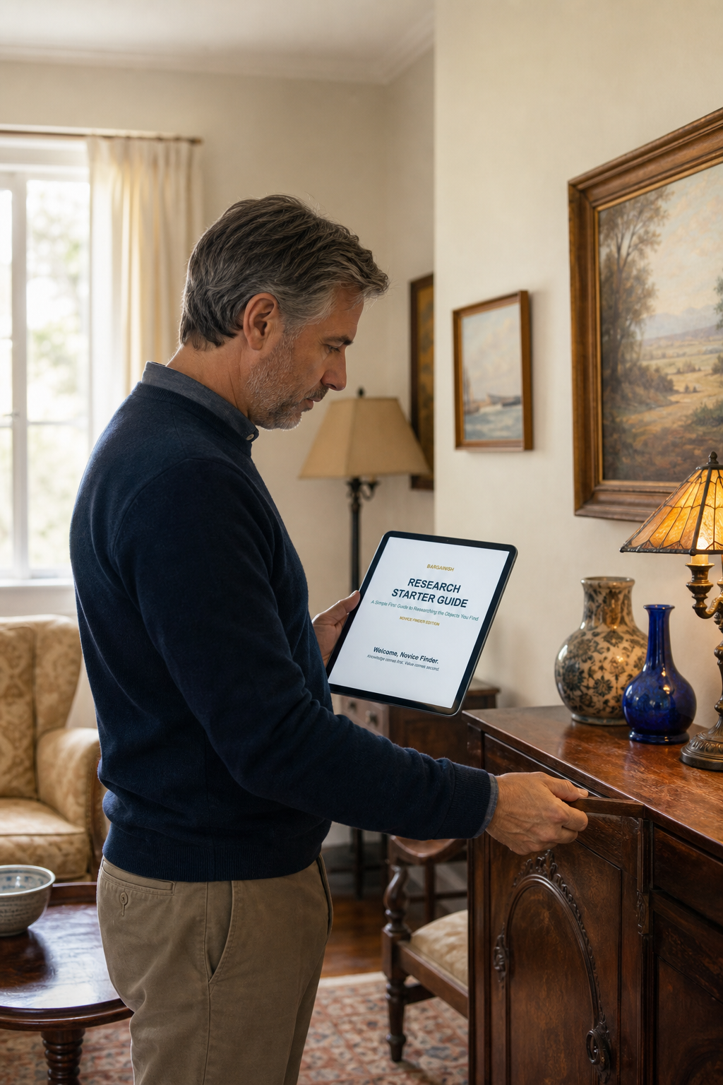 Man in a room filled with antiques, lamps, artwork, and furniture, holding the Bargainish Research Starter Guide on a tablet