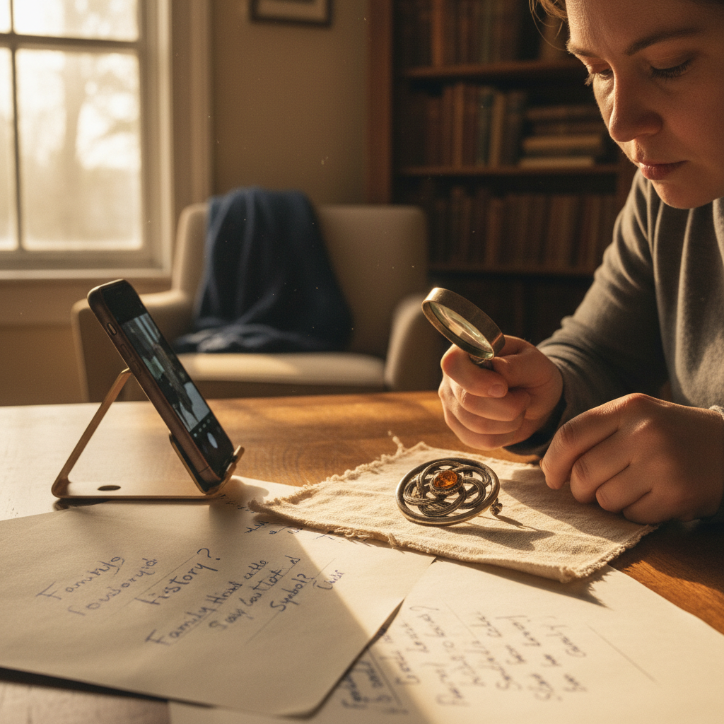 A person examines the maker's mark on an inherited brooch beside a phone and research notes.