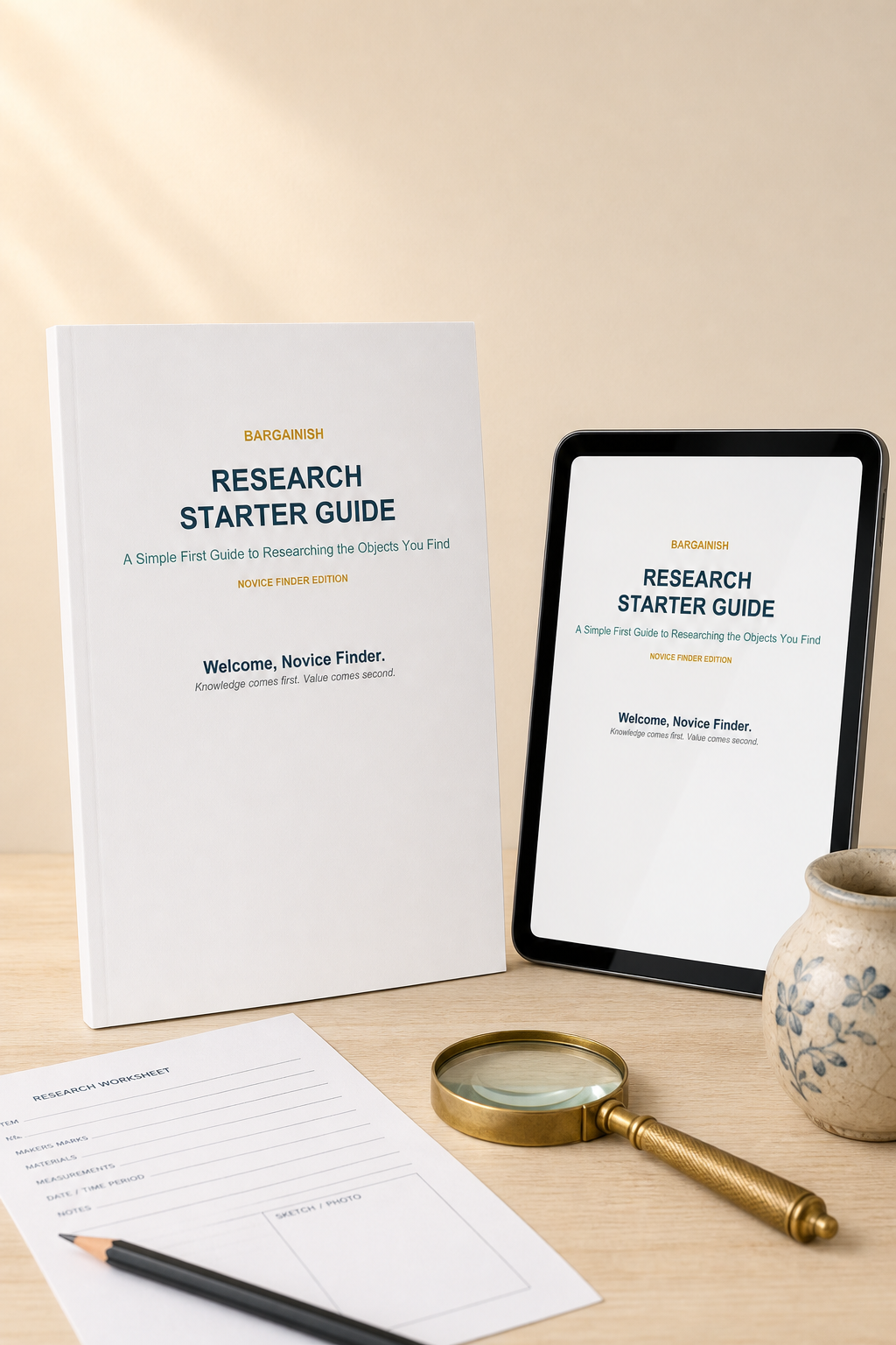 The Bargainish Research Starter Guide shown as a PDF on a tablet, with a printed worksheet and research notes alongside it